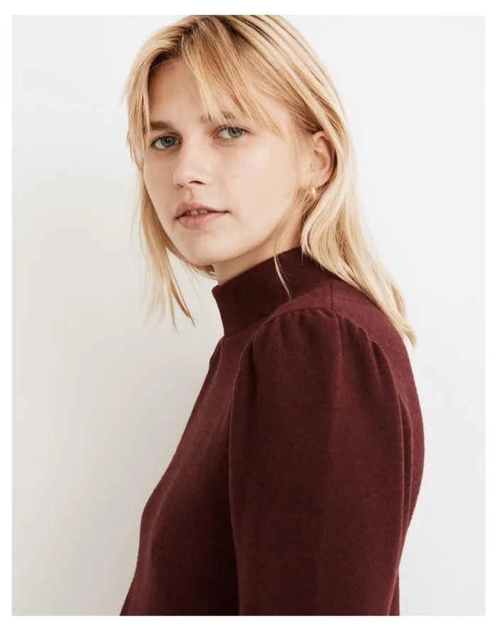 Women Resourced Plush Mockneck Puff Sleeve Top Hthr Rusted Red Madewell Tops and Shirts Women Resourced Plush Mockneck Puff Sleeve Top Hthr Rusted Red Madewell Tops and Shirts