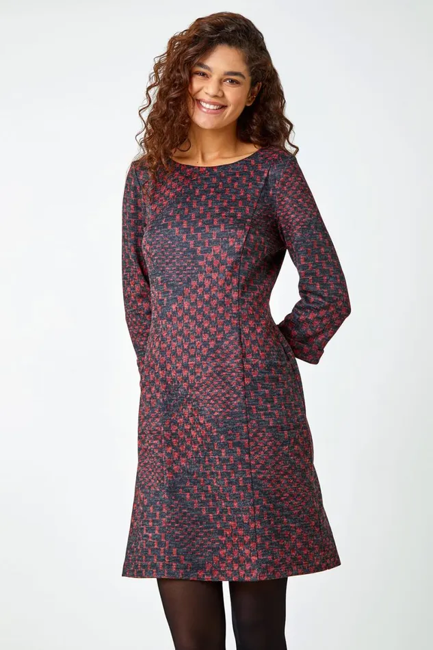 Women Red Abstract Check Print Shift Stretch Dress Roman Dresses