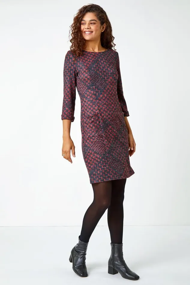 Women Red Abstract Check Print Shift Stretch Dress Roman Dresses