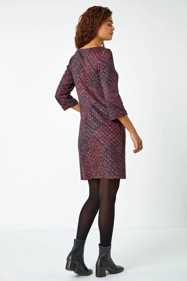 Women Red Abstract Check Print Shift Stretch Dress Roman Dresses