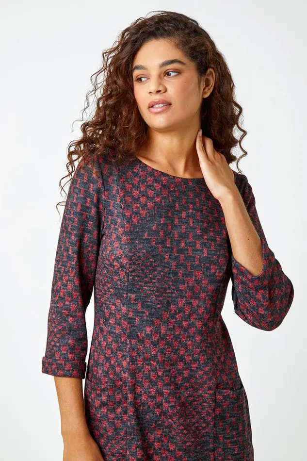 Women Red Abstract Check Print Shift Stretch Dress Roman Dresses