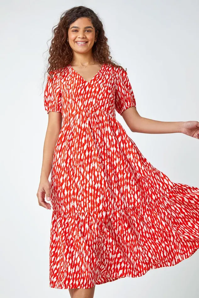 Women Red Abstract Frill Hem Midi Dress Roman Dresses
