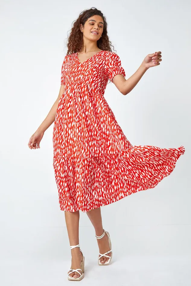Women Red Abstract Frill Hem Midi Dress Roman Dresses