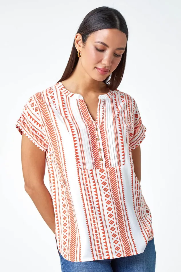 Women Red Aztec Print Button VNeck Detail Top Roman Tops