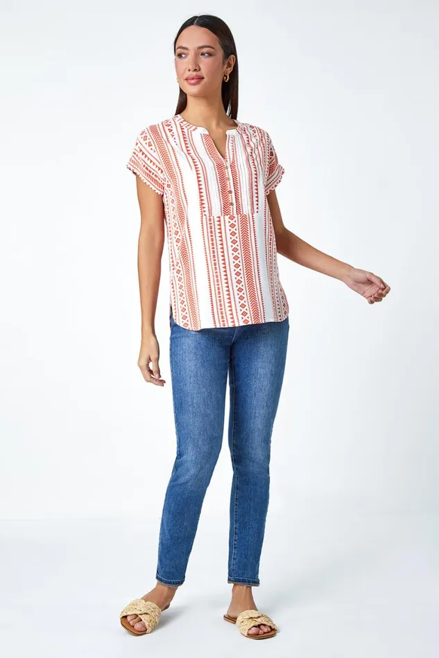 Women Red Aztec Print Button VNeck Detail Top Roman Tops