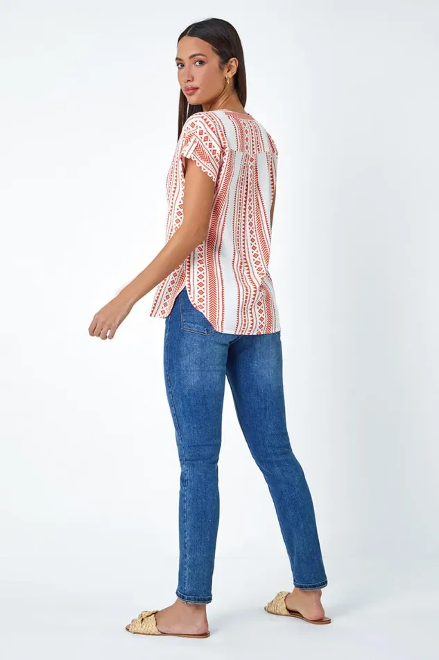 Women Red Aztec Print Button VNeck Detail Top Roman Tops