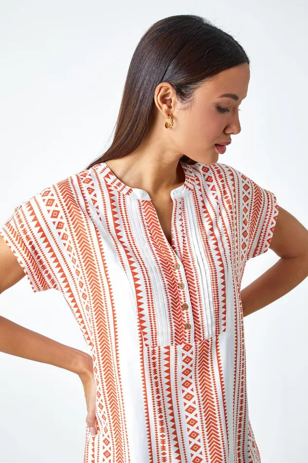 Women Red Aztec Print Button VNeck Detail Top Roman Tops
