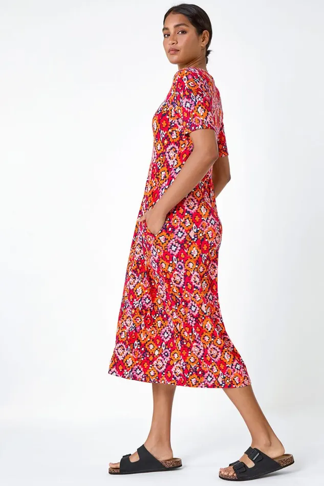 Women Red Aztec Print Stretch Jersey Pocket Dress Roman Dresses