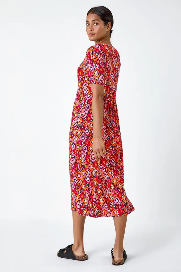 Women Red Aztec Print Stretch Jersey Pocket Dress Roman Dresses