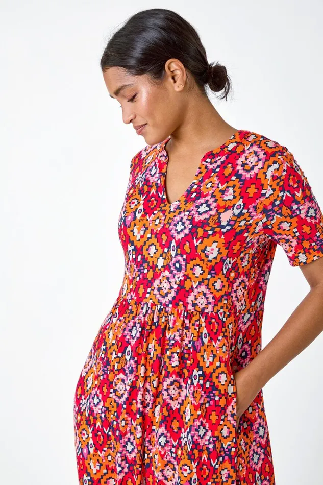 Women Red Aztec Print Stretch Jersey Pocket Dress Roman Dresses