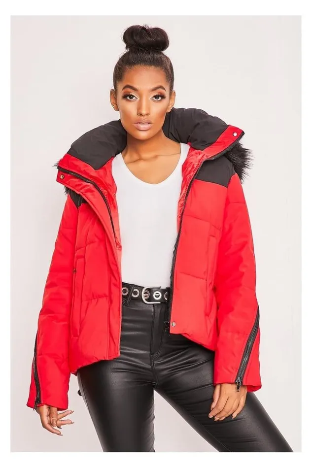 Women Red Black Puffer Jacket Red Brentiny Paris Parkas And Down Jackets