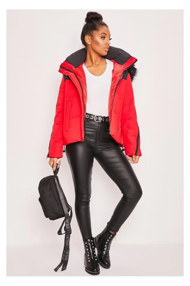 Women Red Black Puffer Jacket Red Brentiny Paris Parkas And Down Jackets