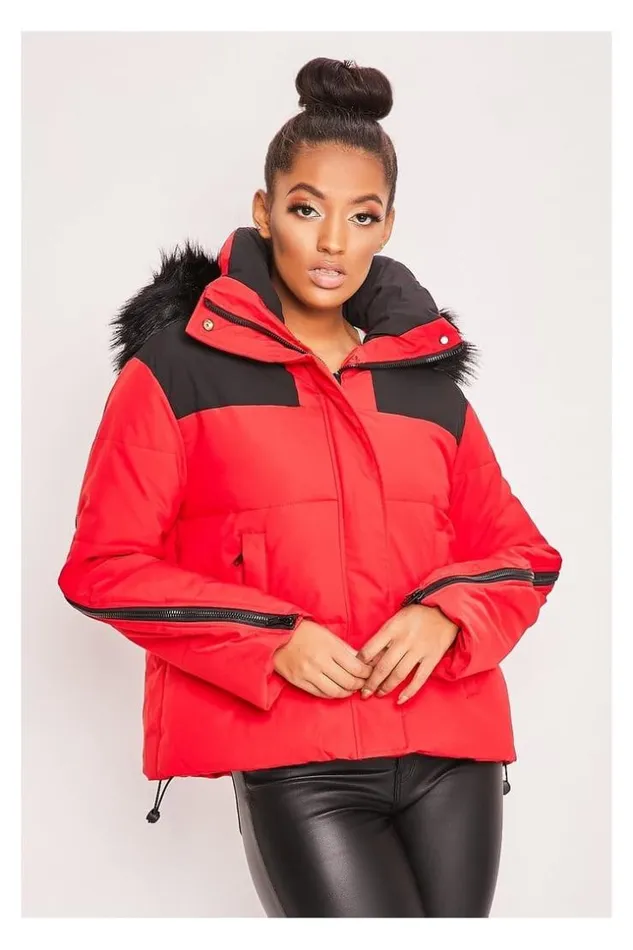 Women Red Black Puffer Jacket Red Brentiny Paris Parkas And Down Jackets