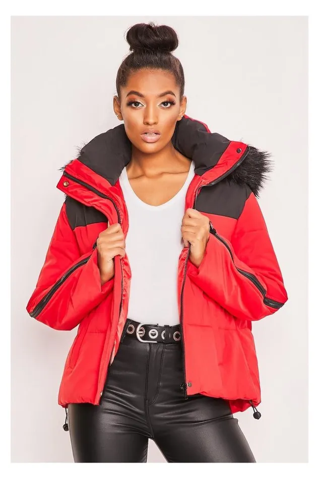 Women Red Black Puffer Jacket Red Brentiny Paris Parkas And Down Jackets