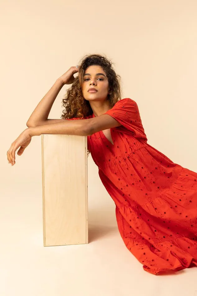 Women Red Broderie Tiered Smock Dress Roman Dresses