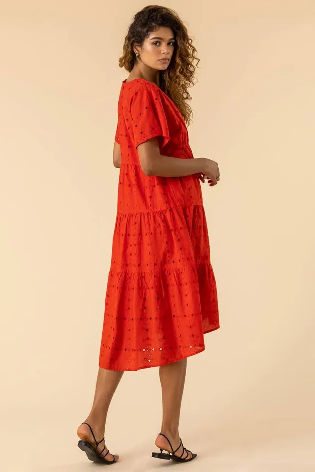 Women Red Broderie Tiered Smock Dress Roman Dresses