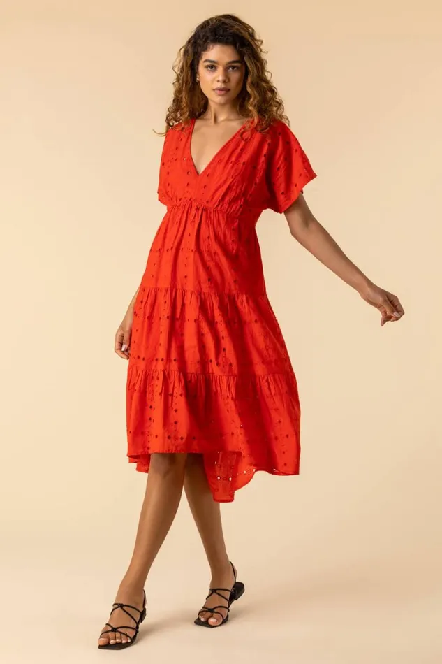 Women Red Broderie Tiered Smock Dress Roman Dresses