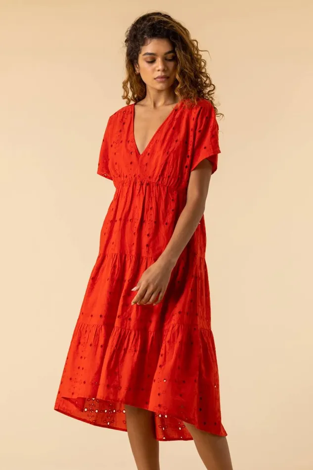 Women Red Broderie Tiered Smock Dress Roman Dresses
