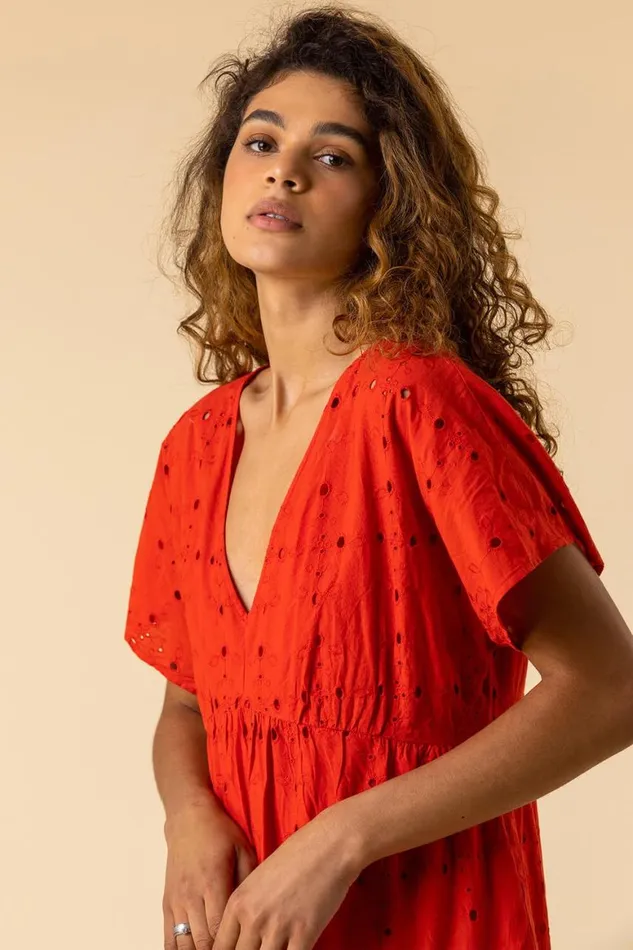 Women Red Broderie Tiered Smock Dress Roman Dresses