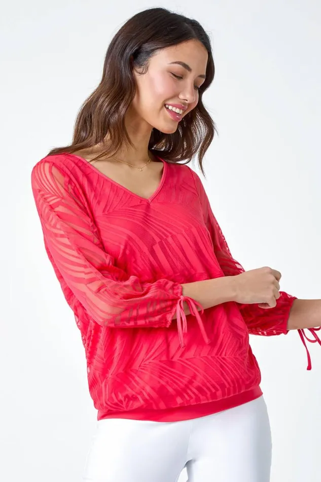Women Red Burnout Tie Sleeve VNeck Overlay Top Roman Tops