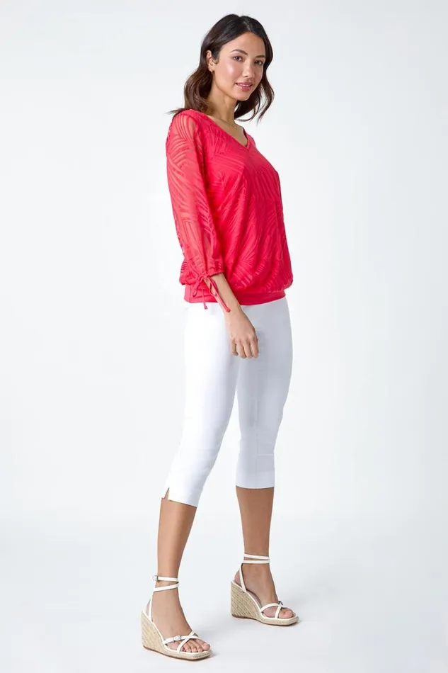 Women Red Burnout Tie Sleeve VNeck Overlay Top Roman Tops