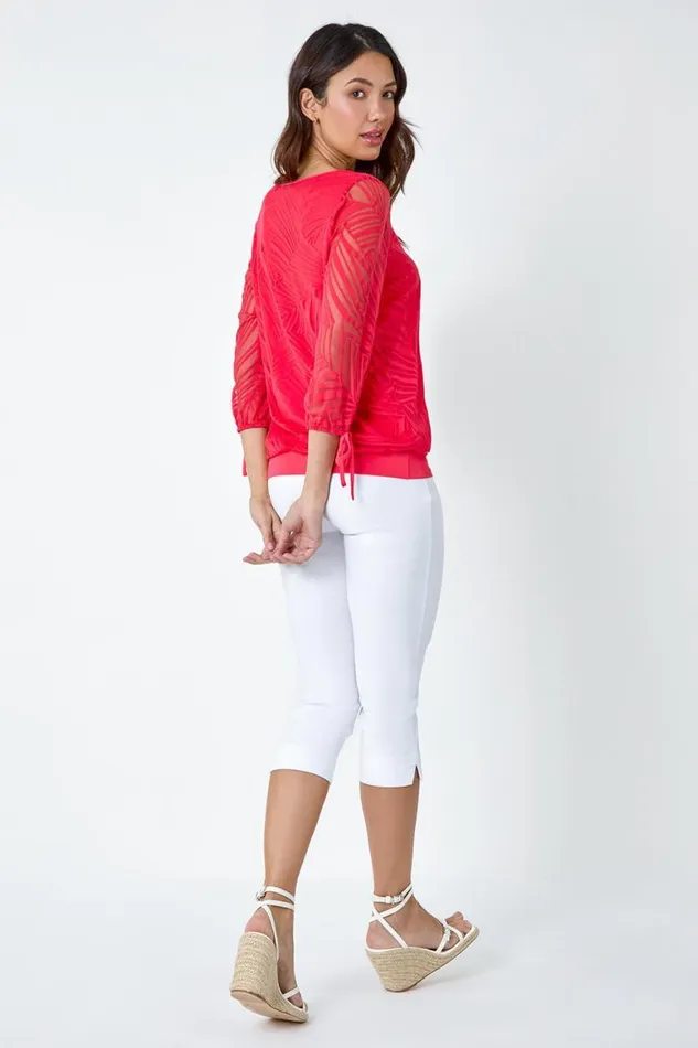 Women Red Burnout Tie Sleeve VNeck Overlay Top Roman Tops