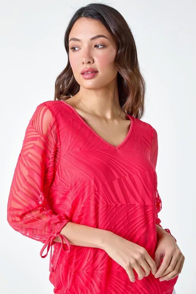 Women Red Burnout Tie Sleeve VNeck Overlay Top Roman Tops