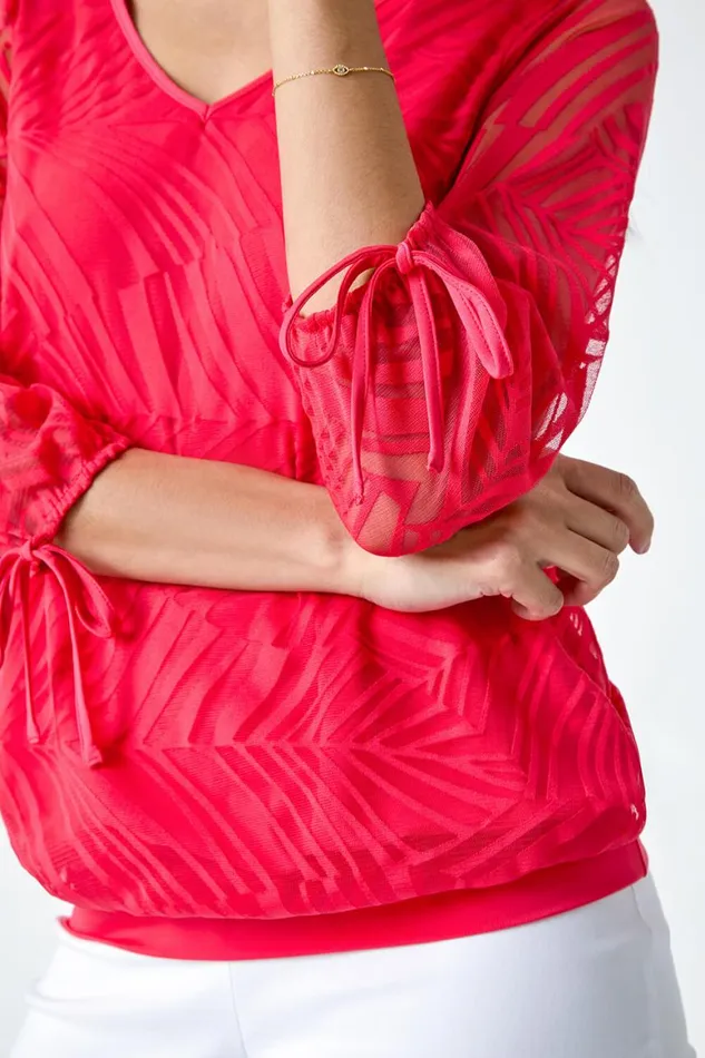 Women Red Burnout Tie Sleeve VNeck Overlay Top Roman Tops