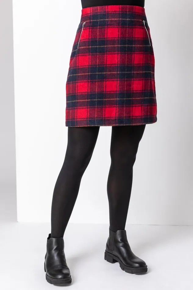 Women Red Checked Zip Detail Brushed A Line Skirt Roman Skirts