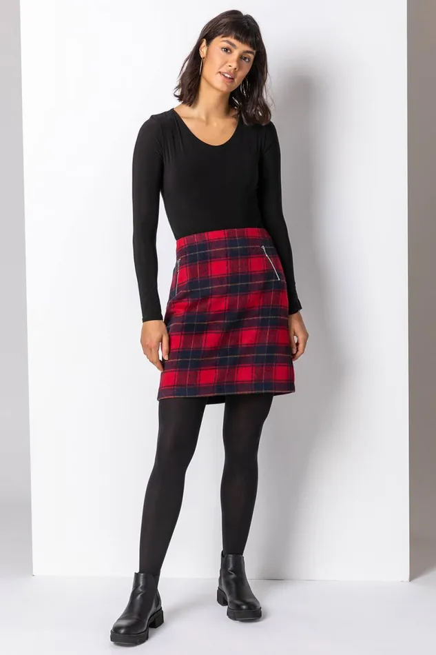 Women Red Checked Zip Detail Brushed A Line Skirt Roman Skirts
