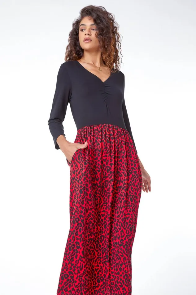 Women Red Contrast Animal Print Midi Dress Roman Dresses
