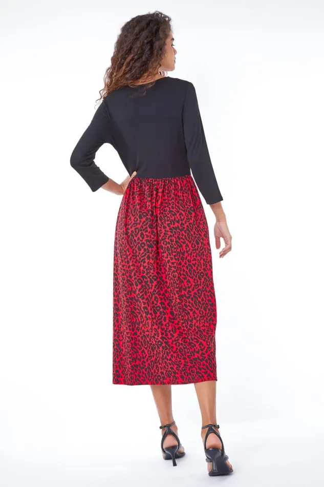 Women Red Contrast Animal Print Midi Dress Roman Dresses