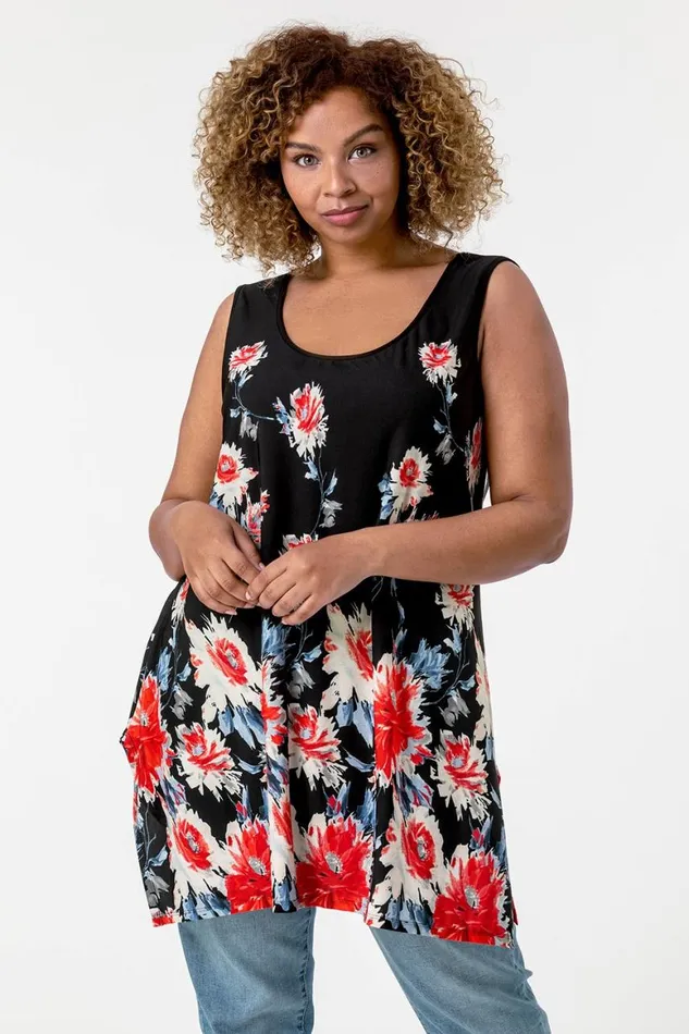 Women Red Curve Floral Border Asymmetric Tunic Vest Top Roman Tops