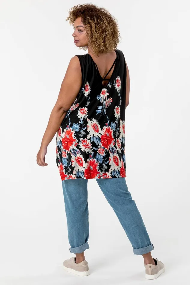 Women Red Curve Floral Border Asymmetric Tunic Vest Top Roman Tops