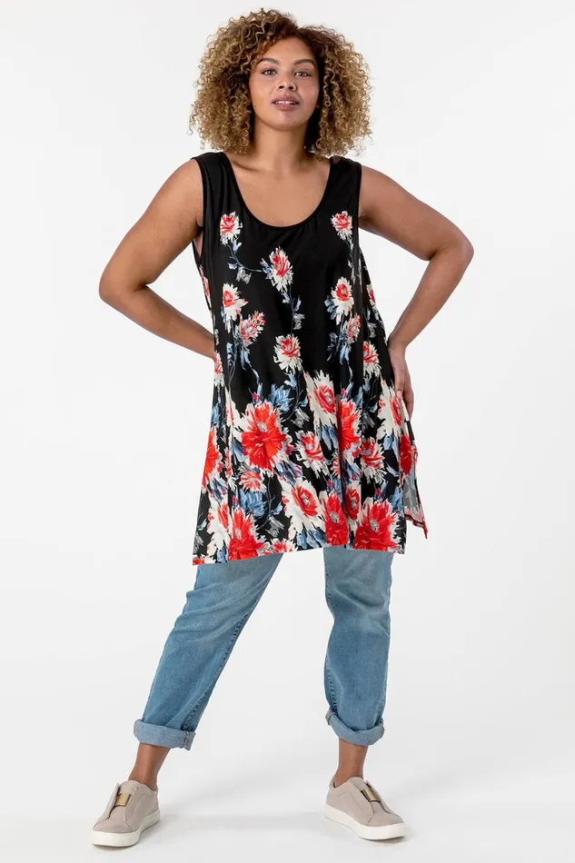Women Red Curve Floral Border Asymmetric Tunic Vest Top Roman Tops