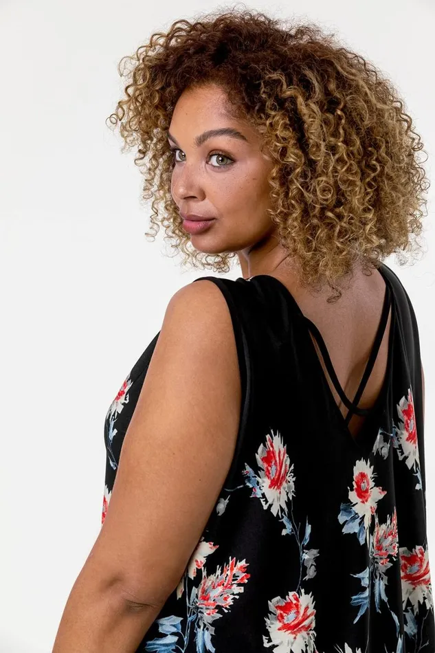 Women Red Curve Floral Border Asymmetric Tunic Vest Top Roman Tops