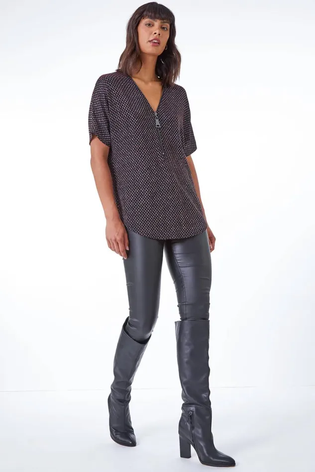 Women Red Diamond Print Glitter VNeck Zip Front Top Roman Tops