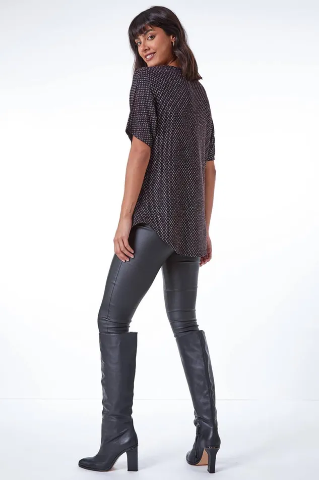Women Red Diamond Print Glitter VNeck Zip Front Top Roman Tops