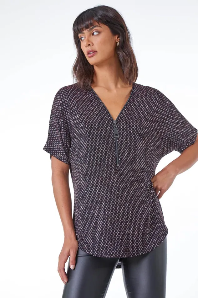 Women Red Diamond Print Glitter VNeck Zip Front Top Roman Tops