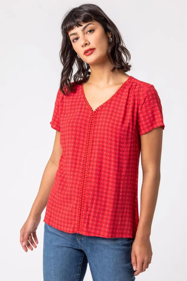 Women Red Ditsy Embroidered Trim Detail Top Roman Tops