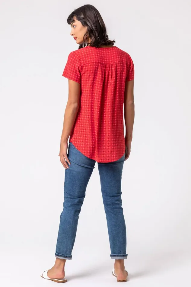 Women Red Ditsy Embroidered Trim Detail Top Roman Tops