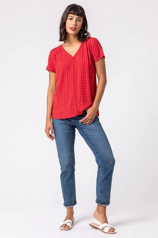 Women Red Ditsy Embroidered Trim Detail Top Roman Tops