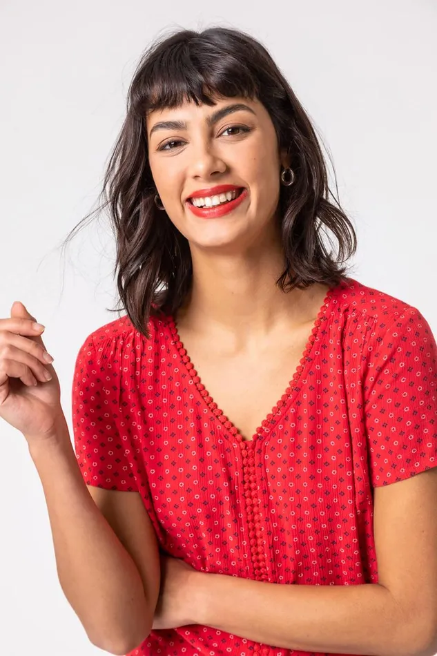 Women Red Ditsy Embroidered Trim Detail Top Roman Tops