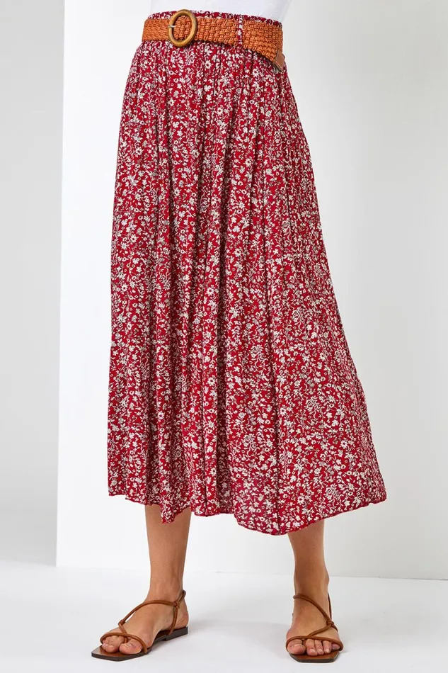 Women Red Ditsy Floral Belted Elastic Waist Midi Skirt Roman Skirts