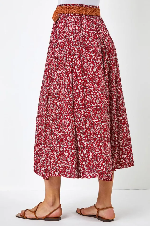 Women Red Ditsy Floral Belted Elastic Waist Midi Skirt Roman Skirts