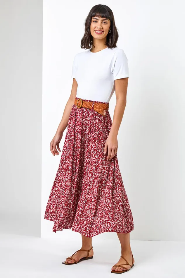 Women Red Ditsy Floral Belted Elastic Waist Midi Skirt Roman Skirts