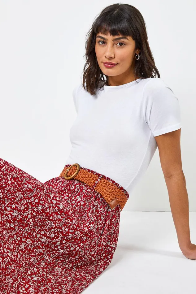 Women Red Ditsy Floral Belted Elastic Waist Midi Skirt Roman Skirts