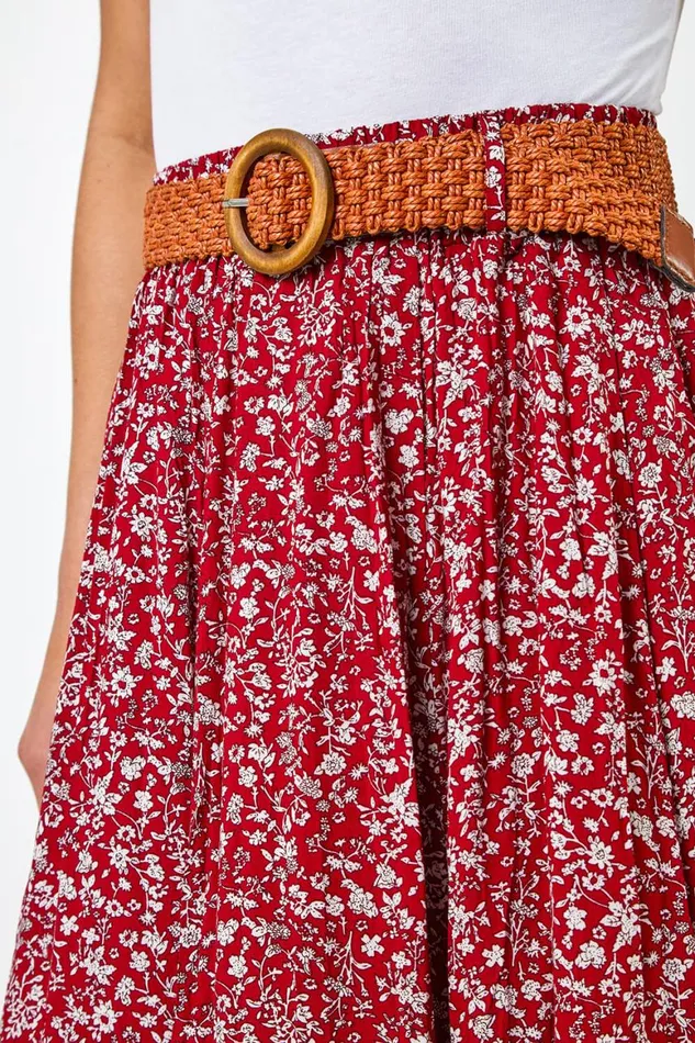 Women Red Ditsy Floral Belted Elastic Waist Midi Skirt Roman Skirts
