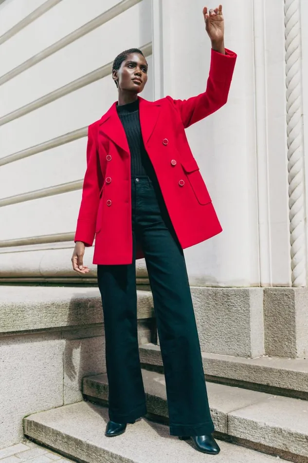 Women Red Double Breasted Longline Coat Roman Jackets