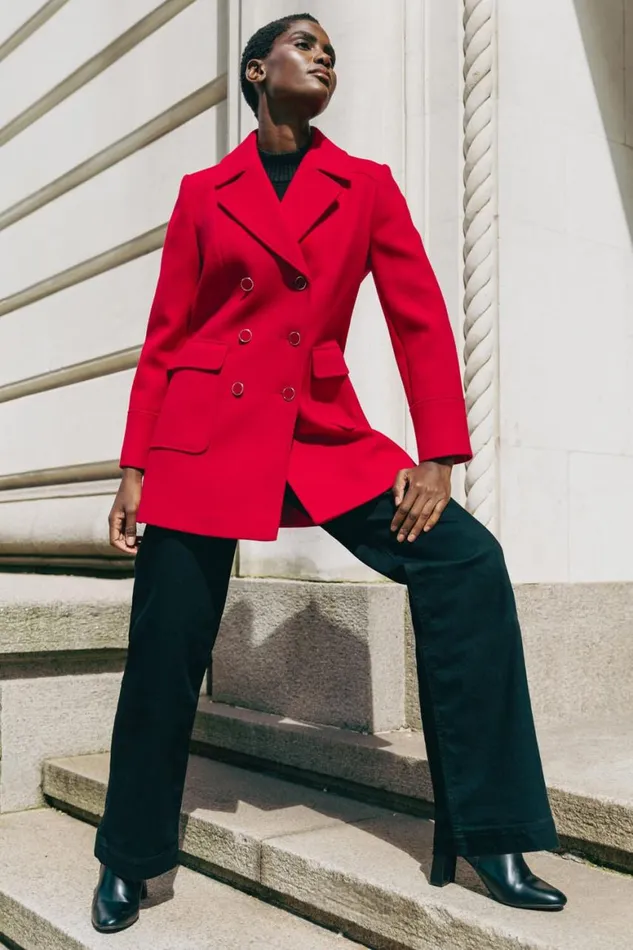 Women Red Double Breasted Longline Coat Roman Jackets